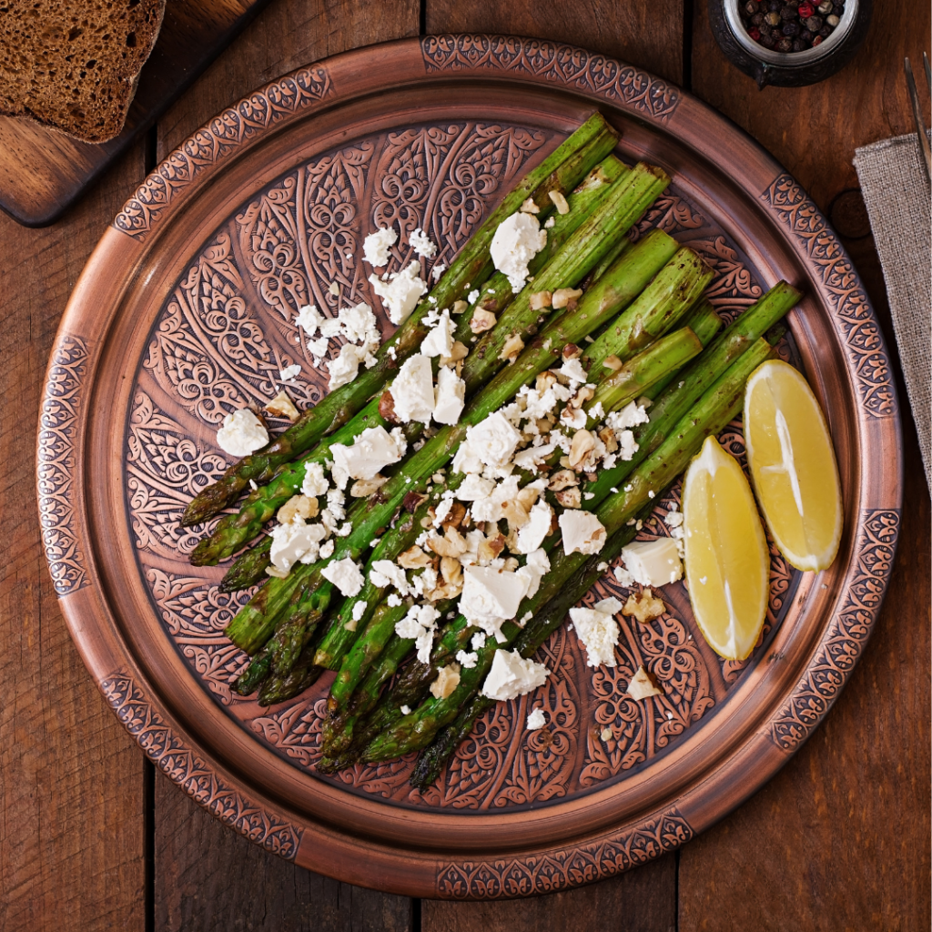 asparagus and feta salad grilled asparagus with feta and a wedge of lemon is served